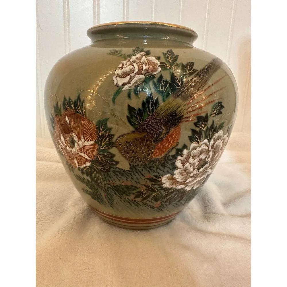Satsuma Floral Bird Vase Home‎ Decor 8 Green Excellent Crackle Glaze Peony Vntge